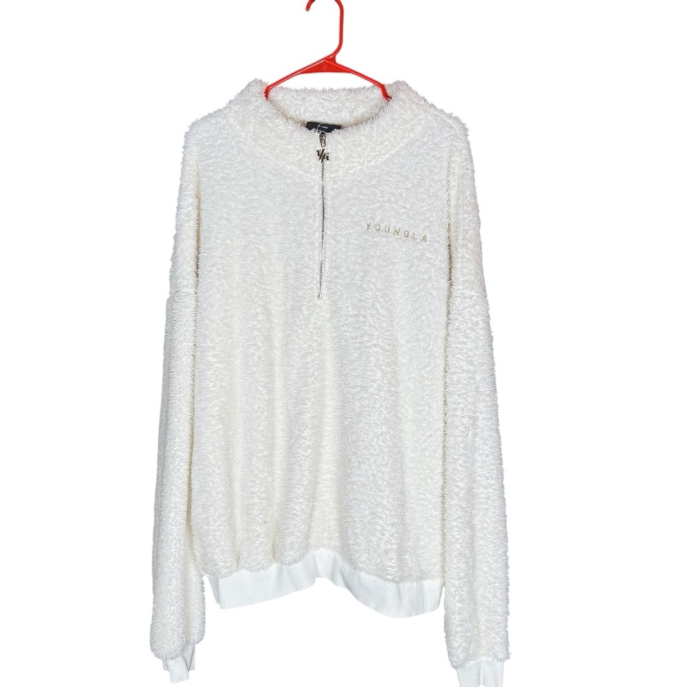 YoungLA White Fuzzy Quarter-Zip Sweater Mens XXL